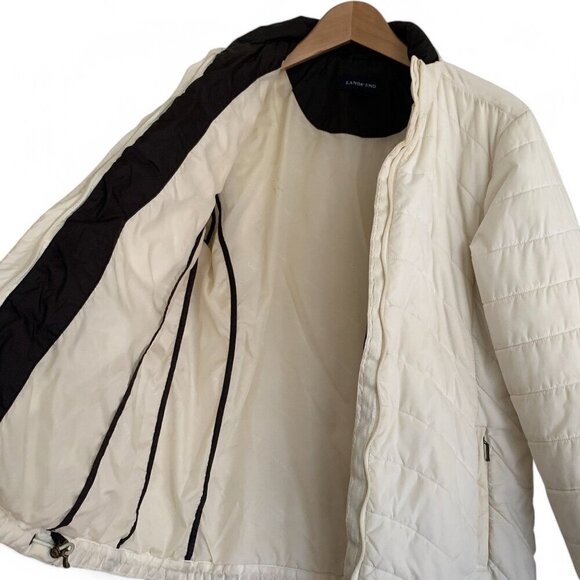 Lands End Women's Quilted White Brown Jacket M 10-12 Lightweight Nylon Zip Front - Picture 8 of 10